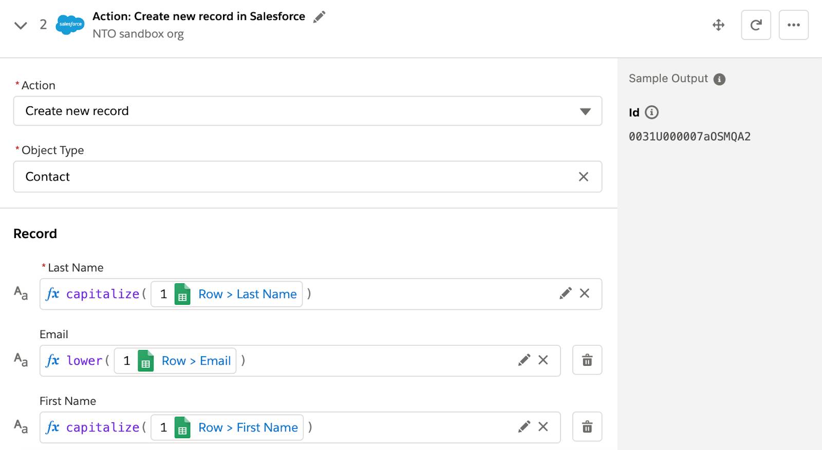 Step 2 of flow to create contact with fields using capitalize() and lower() functions.
