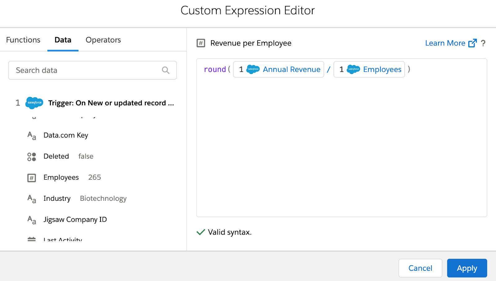 Custom Expression Editor showing round() function.