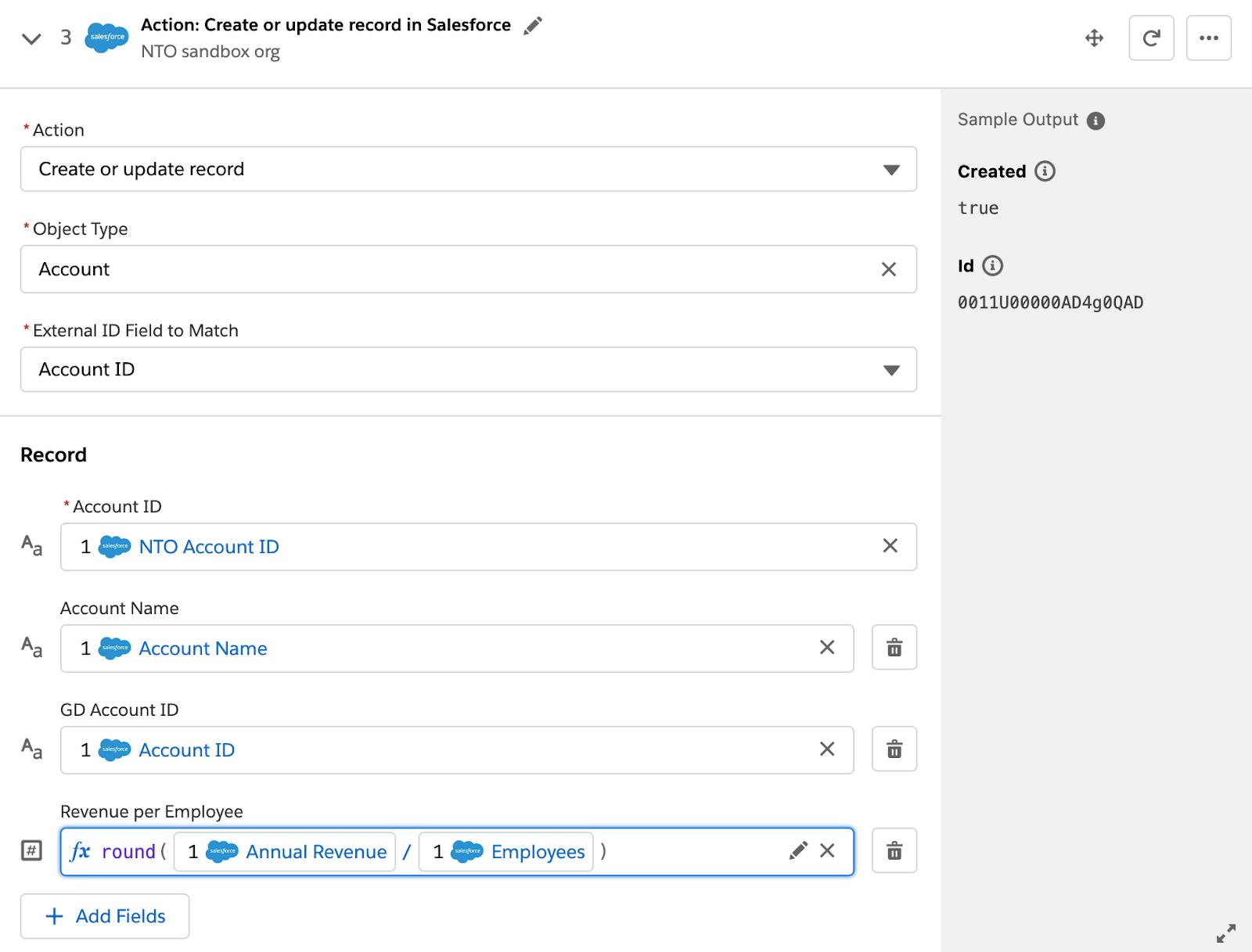 Step 3 of flow to create an account with revenue per employee field using round() function.