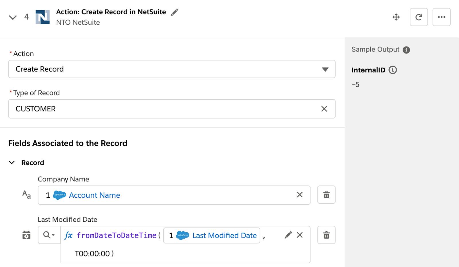 fromDateToDateTime() 関数を使用する最終更新日項目で顧客を作成するフローのステップ 4。