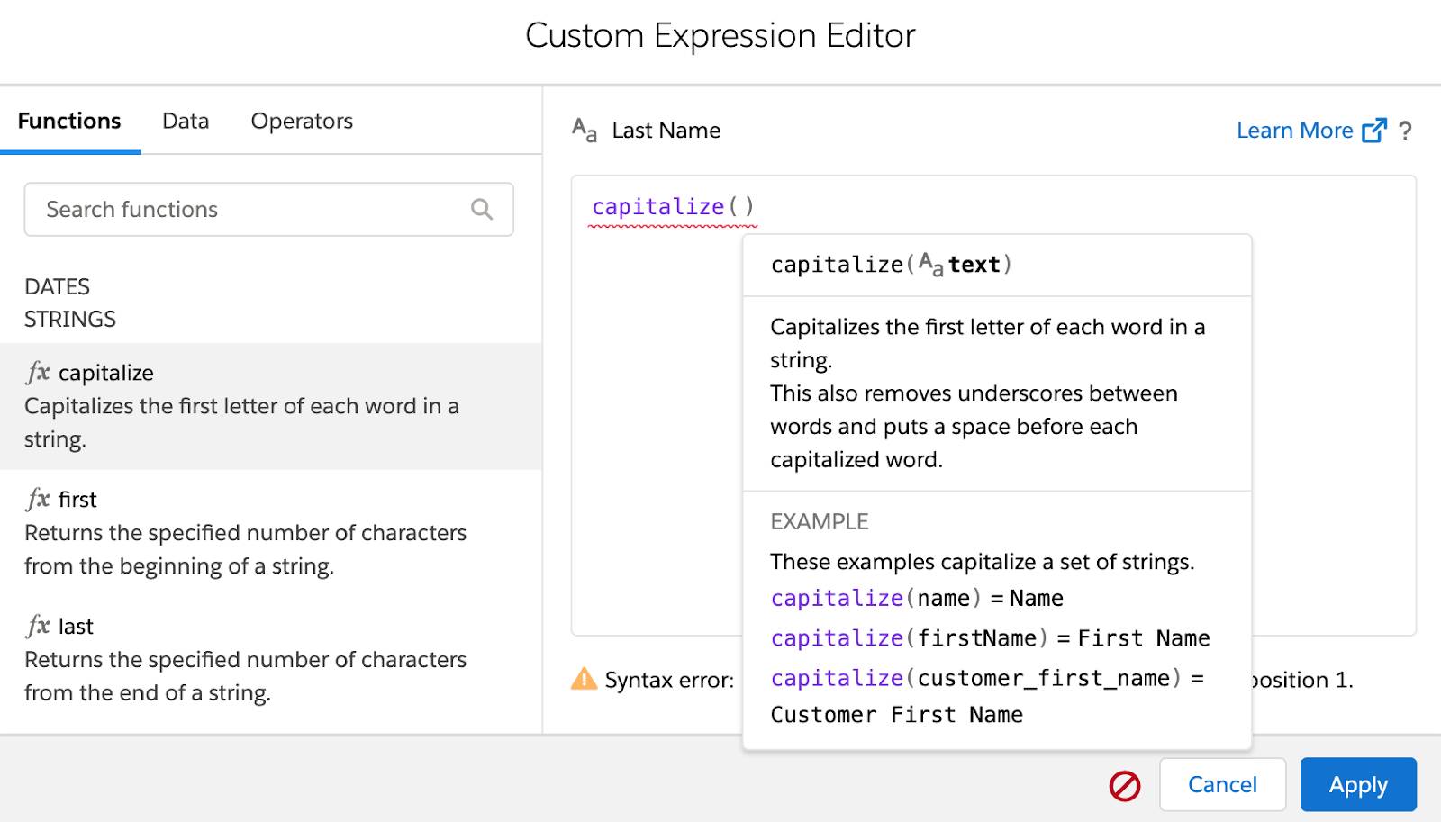 定義と例を含む capitalize() 関数が表示されているカスタム式エディター。