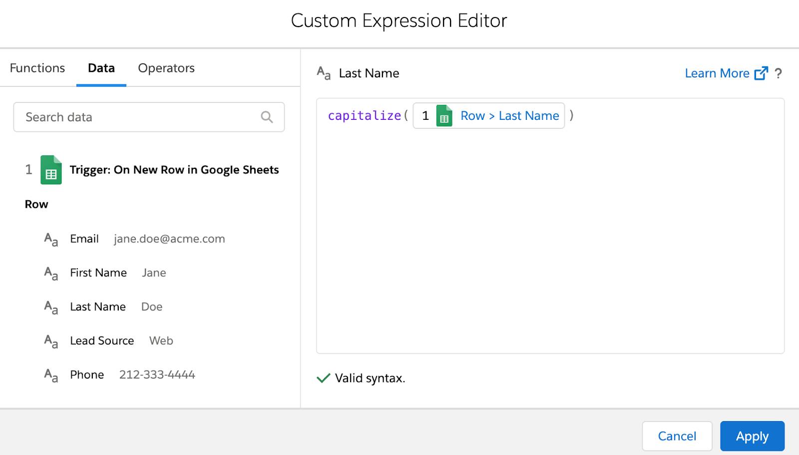 capitalize() 関数が表示されているカスタム式エディター。
