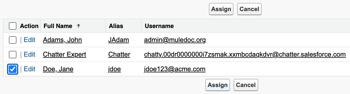 Jane Doe selected with Assign button.
