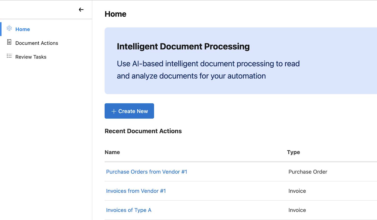 the IDP home screen showing recently created document actions.