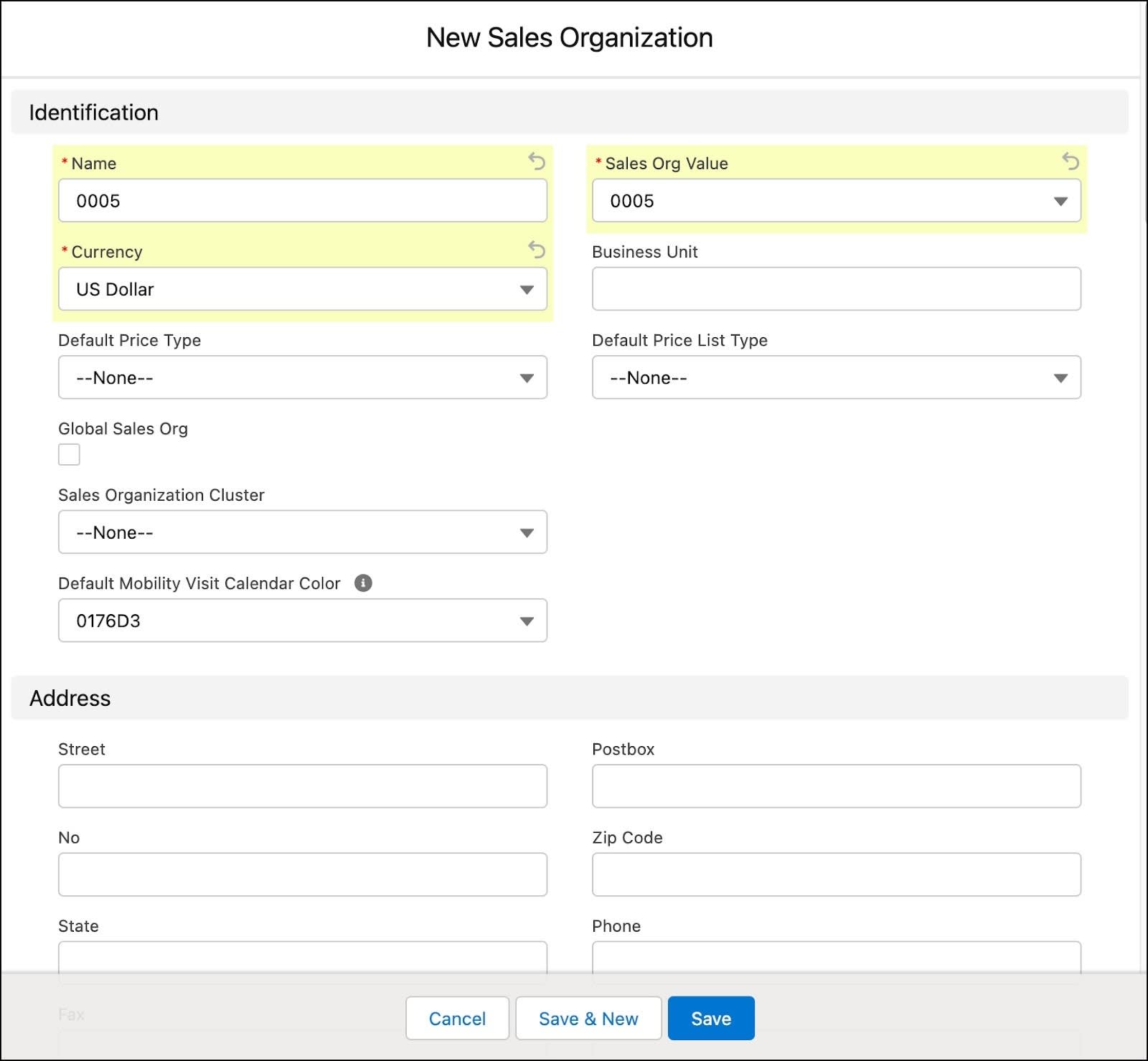 セールス組織を作成するためのオプションが表示されている [New Sales Organization (新規セールス組織)] ウィンドウ。