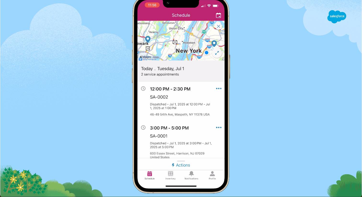 Field Service mobile app showing a map of New York City with a list of appointment times.