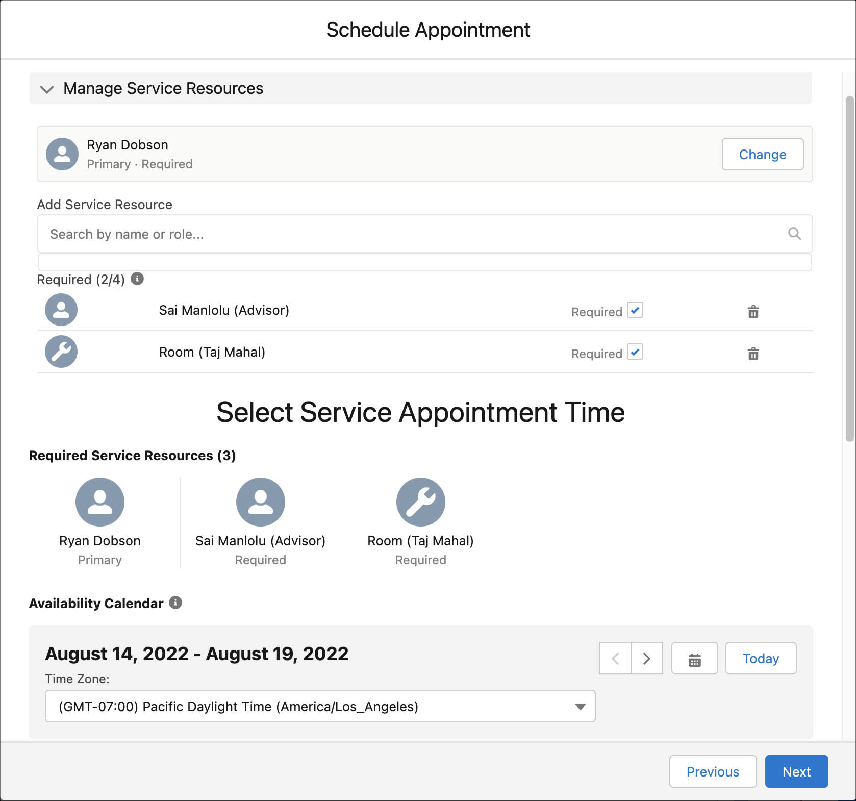Schedule Appointment window showing the available dates and times for Ryan, Sai, and the conference room combined.
