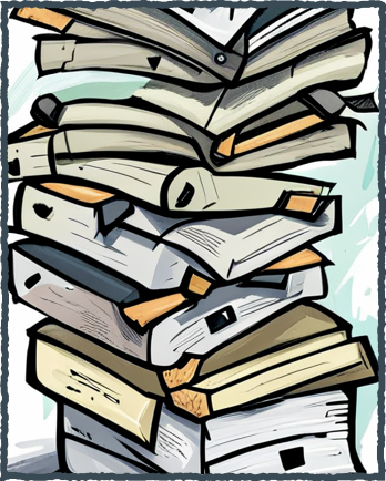 Uma pilha de papéis e livros.