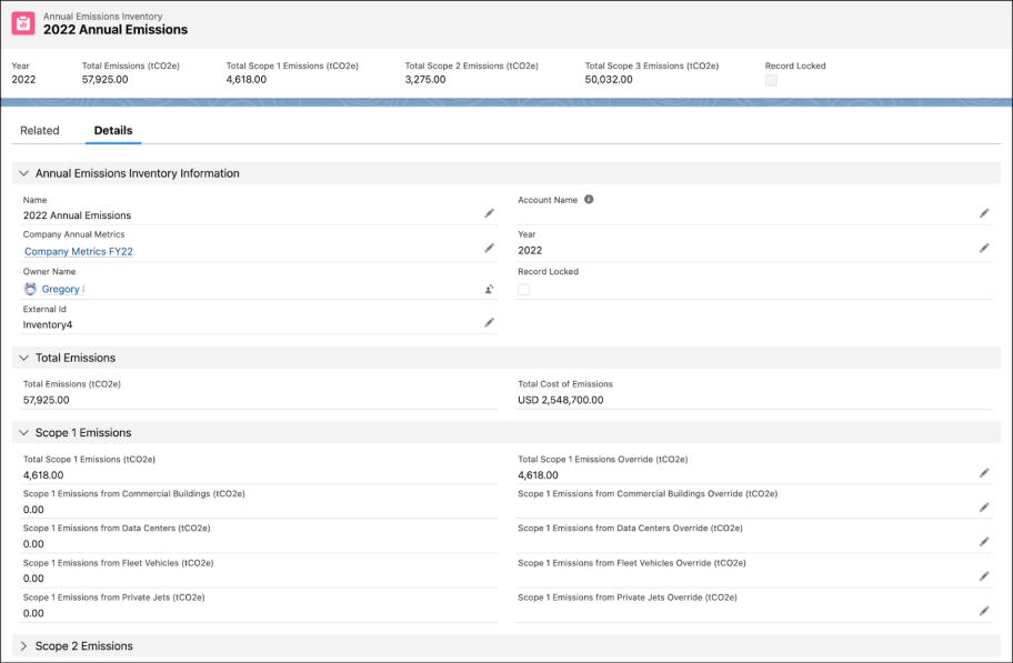 An Annual Emissions Inventory record in Agentforce Net Zero with emissions categorized by scope for the year 2022.