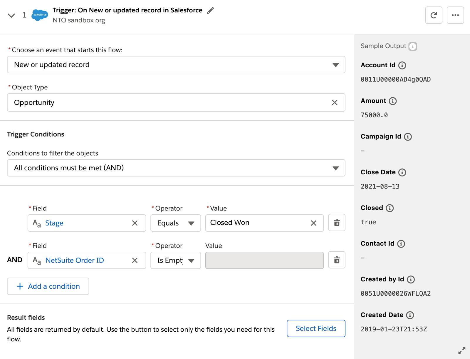 フェーズと NetSuite 注文 ID の条件を使用したトリガーイベントとしてのフローのステップ 1。