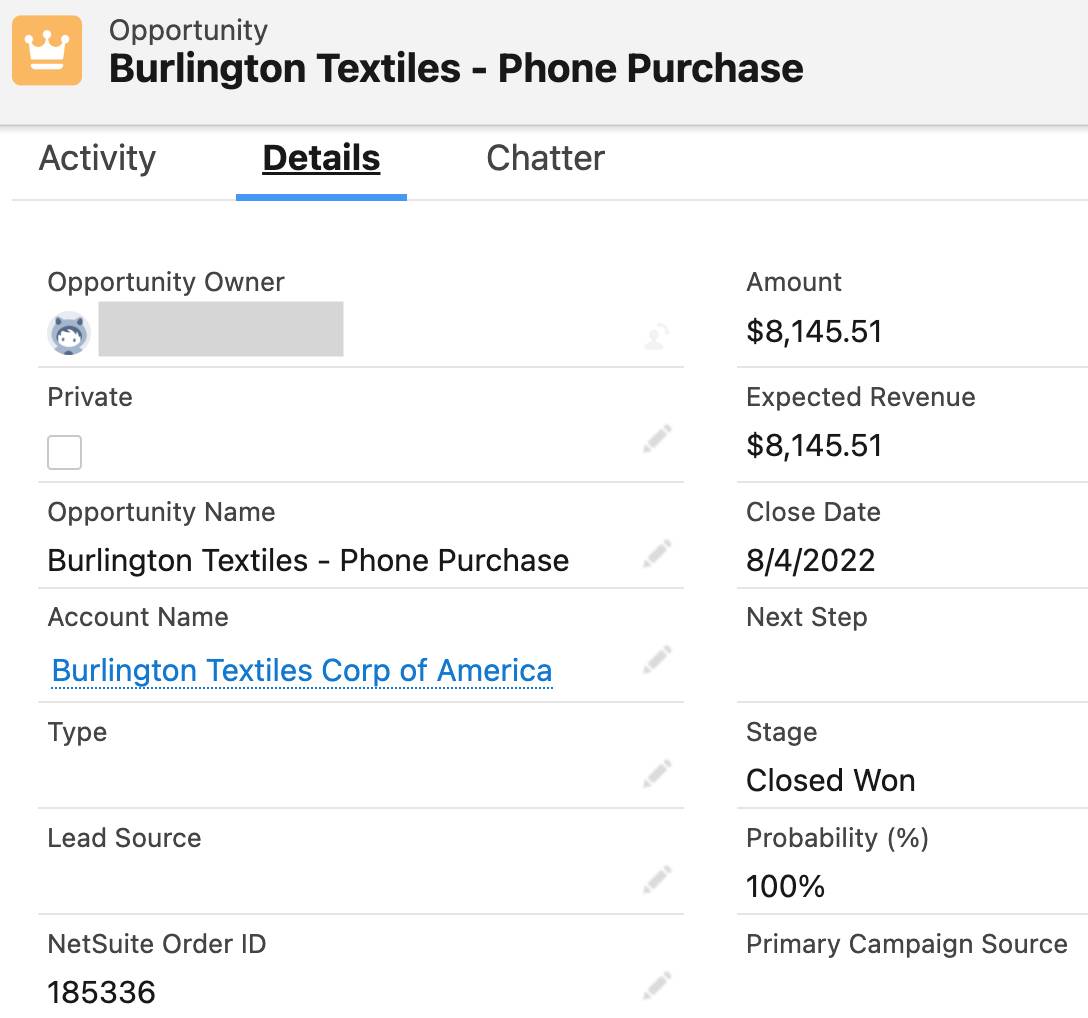 NetSuite 注文 ID が表示されている Salesforce の商談。