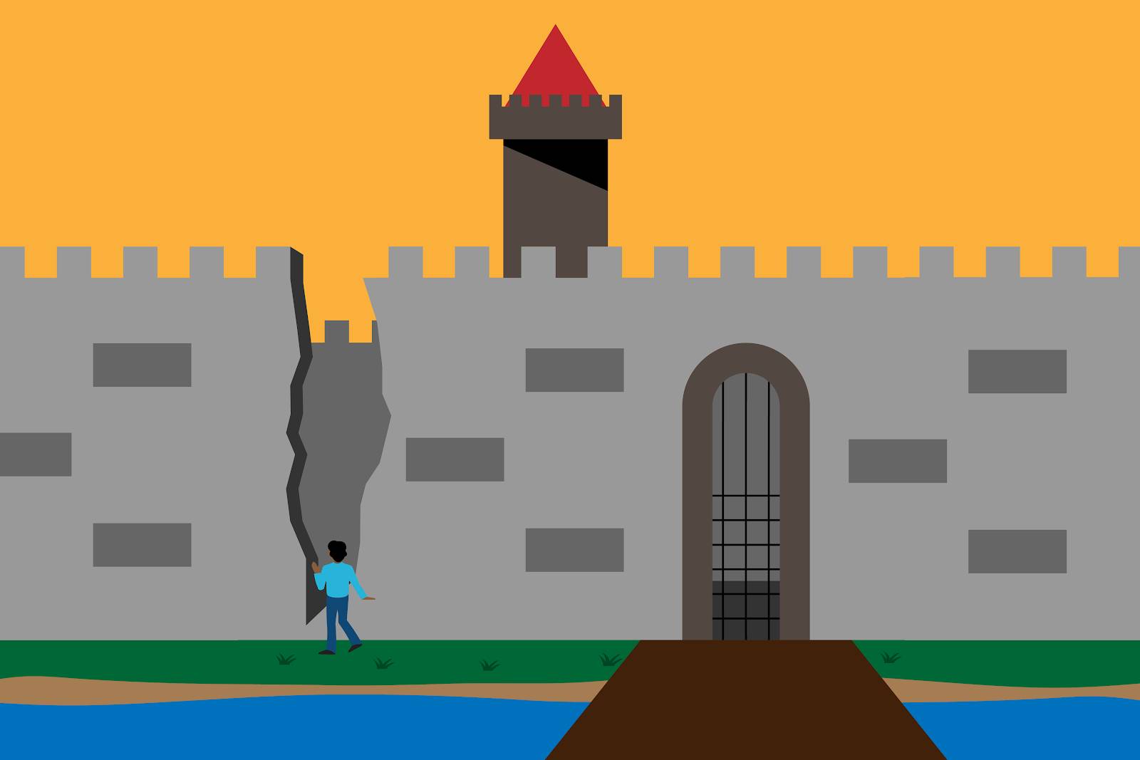 Une image représentant un château avec des fortifications et des douves, ainsi qu’une personne qui y pénètre par le biais d’une grande fissure dans ses remparts.