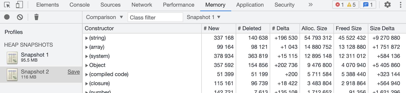 Panel Memory (Memoria) de DevTools donde se muestra la comparación entre la instantánea 1 y la 2.