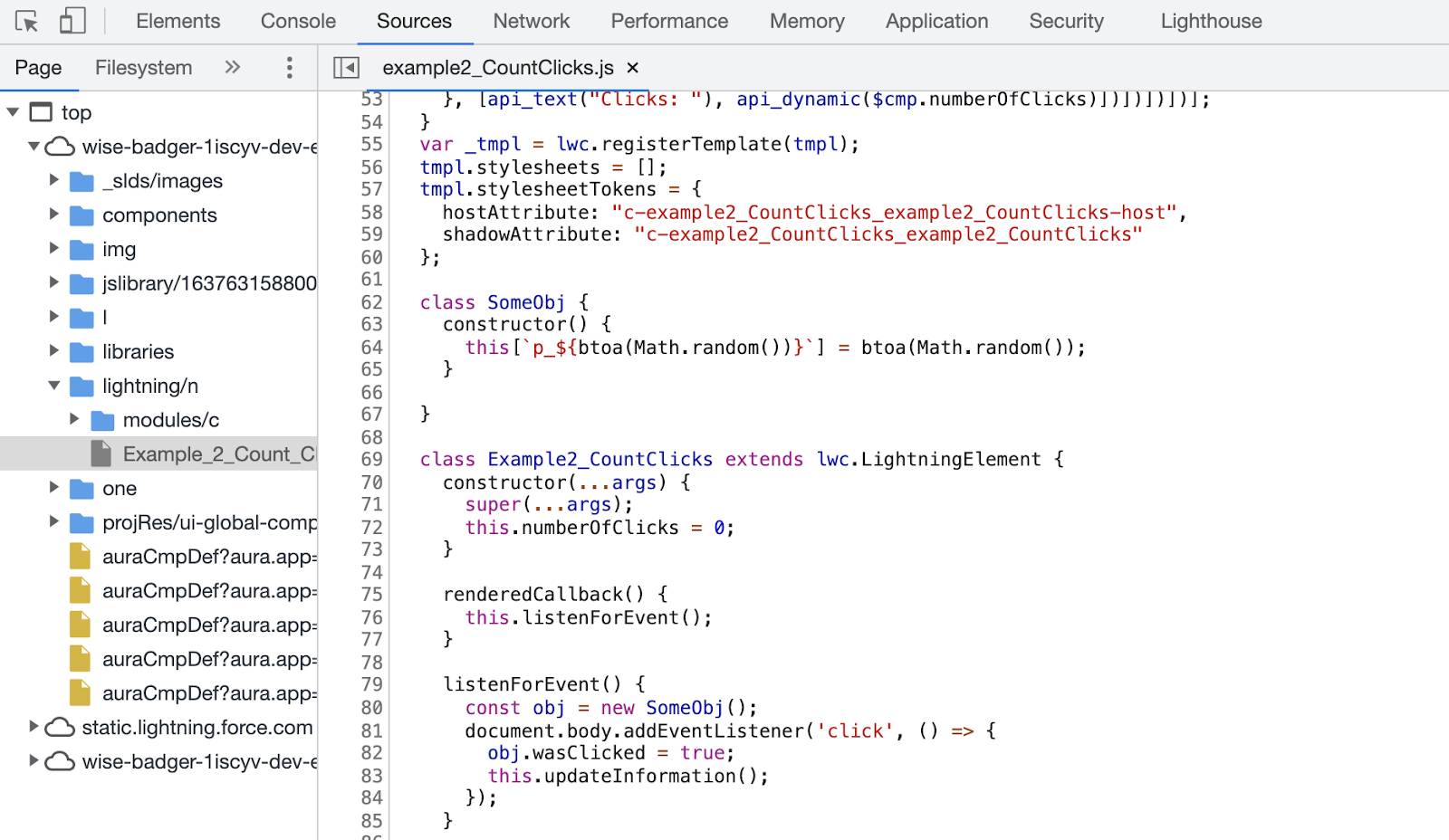 Painel Sources (Origens) no DevTools com example2_CountClicks.js aberto mostrando a linha 81: document.body.addEventListener('click', () => {