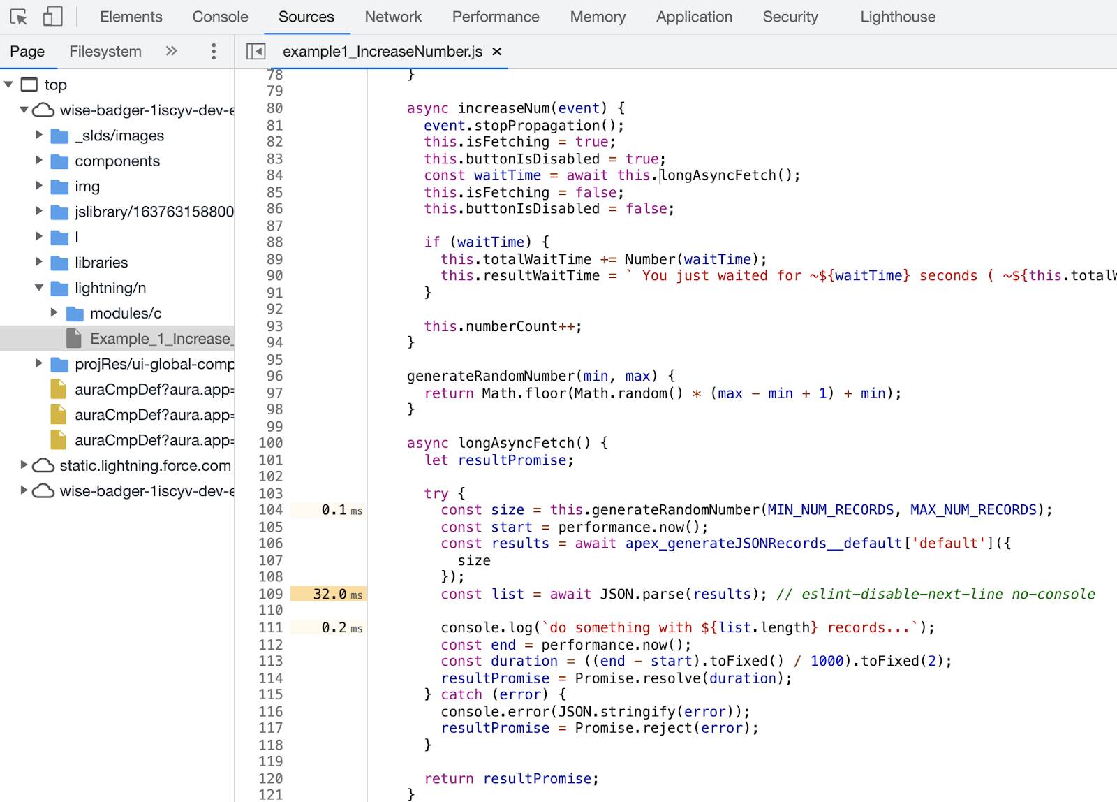 DevTools con el panel Sources (Orígenes) abierto donde vemos el archivo example1_IncreaseNumber.js.