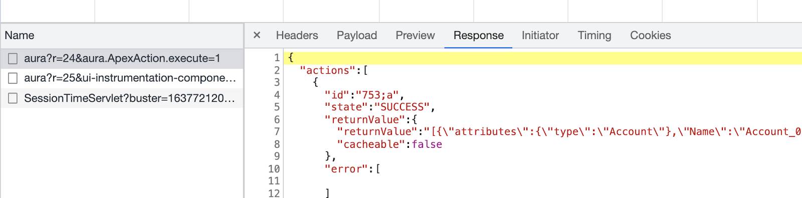 O painel Network (Rede) mostra os detalhes da resposta, em formato JSON dessa vez.