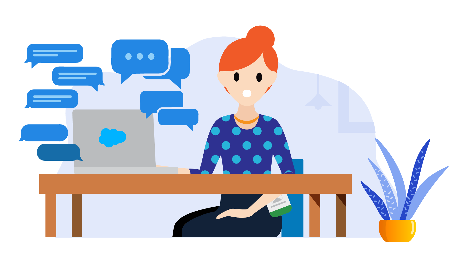 A Salesforcelandian looks stressed and sits at their laptop, which has several message bubbles floating around it.