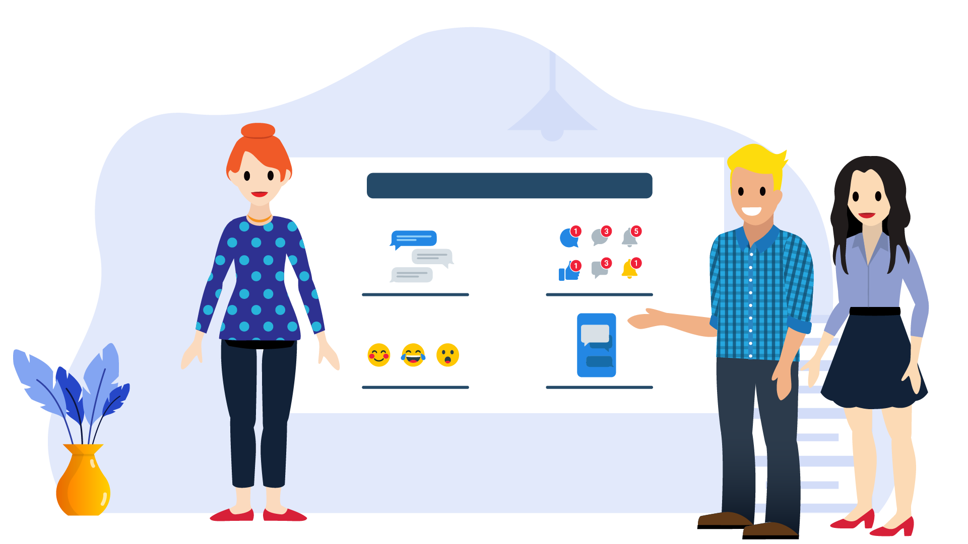 Three Salesforcelandians are at a whiteboard displaying emoji and messages. They’re creating norms for using Slack.