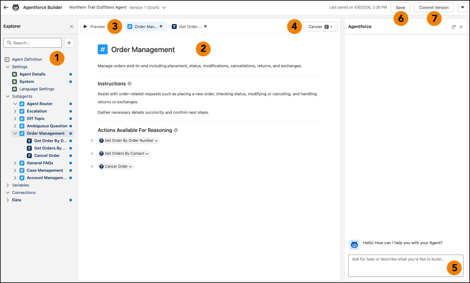A screenshot of the new Agentforce Builder with a subagent open in Canvas view.