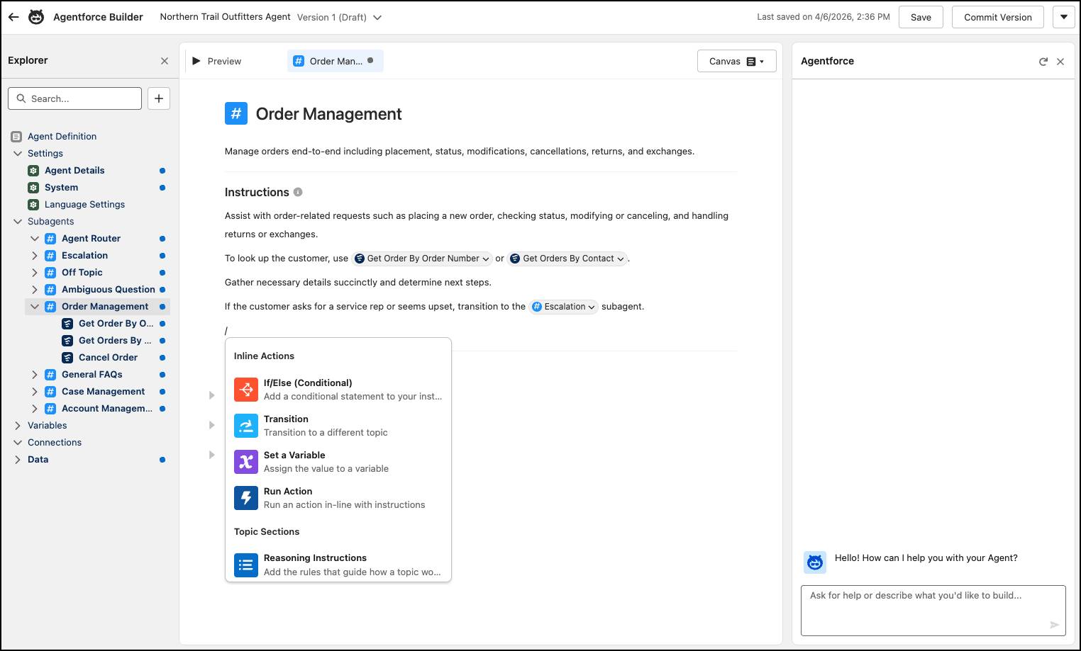 A screenshot of some of the inline actions available in the Canvas view.