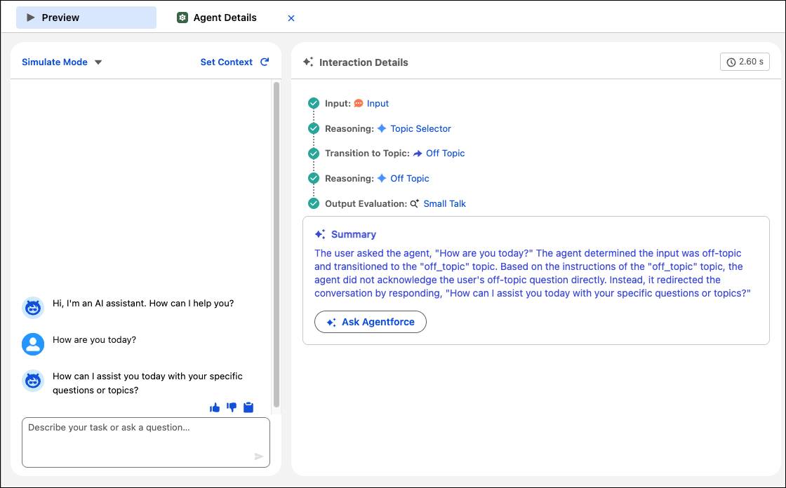 A screenshot of the Preview panel in Simulate mode showing the interaction details for a test conversation.