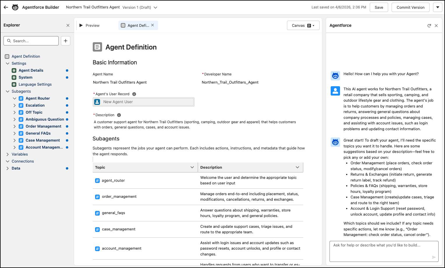 組み込みのアシスタントが初期エージェントを作成した後の新しい Agentforce Builder のスクリーンショット。