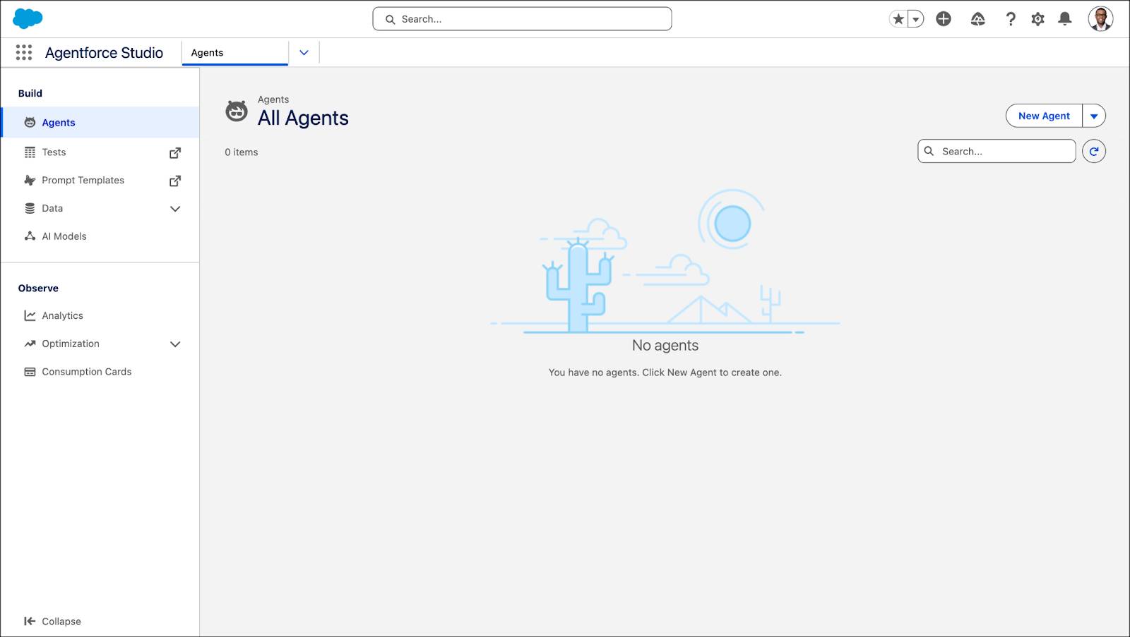 [Agentforce Studio (Agentforce スタジオ)] の [Agents (エージェント)] ページのスクリーンショット。