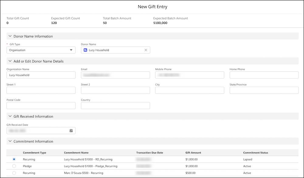 La fenêtre New Gift Entry (Nouvelle entrée de don), où vous pouvez saisir des détails sur les dons de particuliers ou d’organisations.
