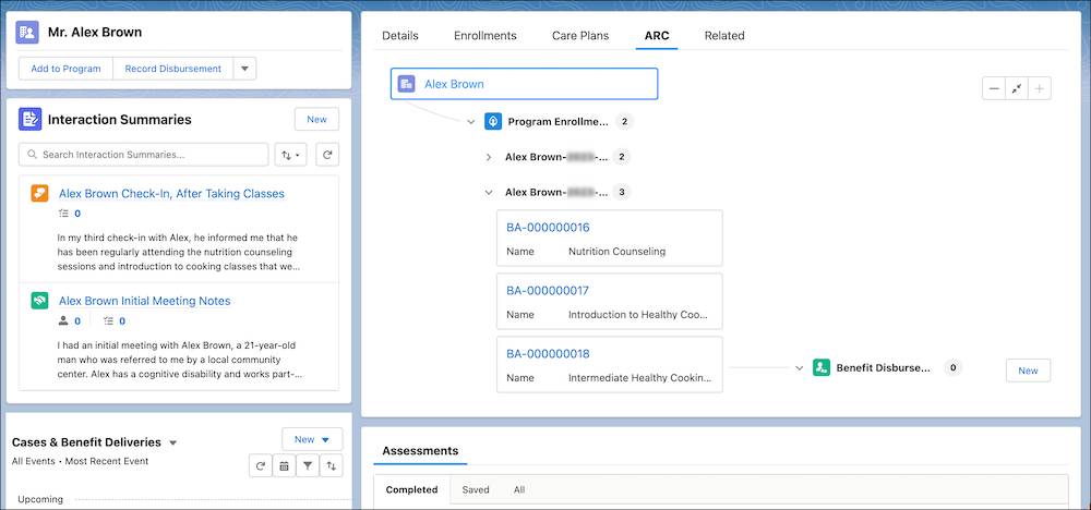 A participant's person account record, with their interaction summaries and relationships to programs and benefit disbursements