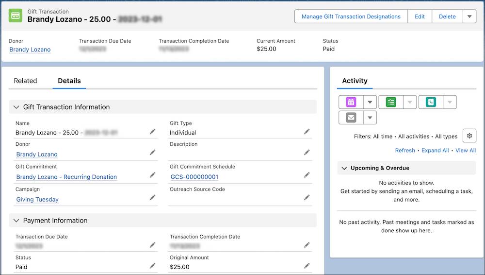 The Gift Transaction record has values in the Gift Commitment and Gift Commitment Schedule fields.
