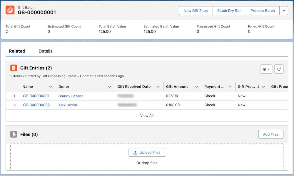 On this gift batch record, both gift entries appear with a Gift Processing Status value of New.