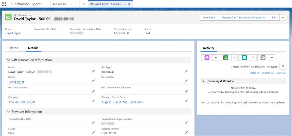 A gift transaction record for a one-time $500 gift related to a campaign and an outreach source code.