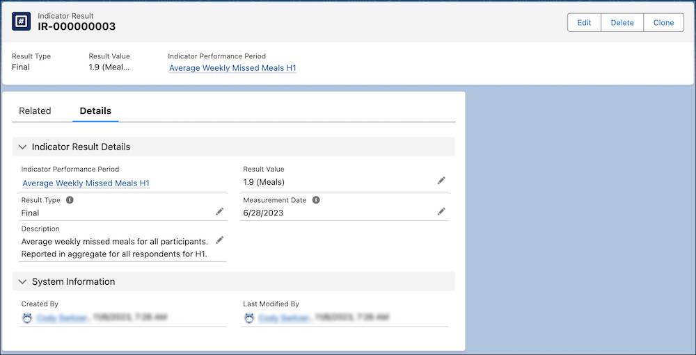 The Details tab of the indicator result record you created.