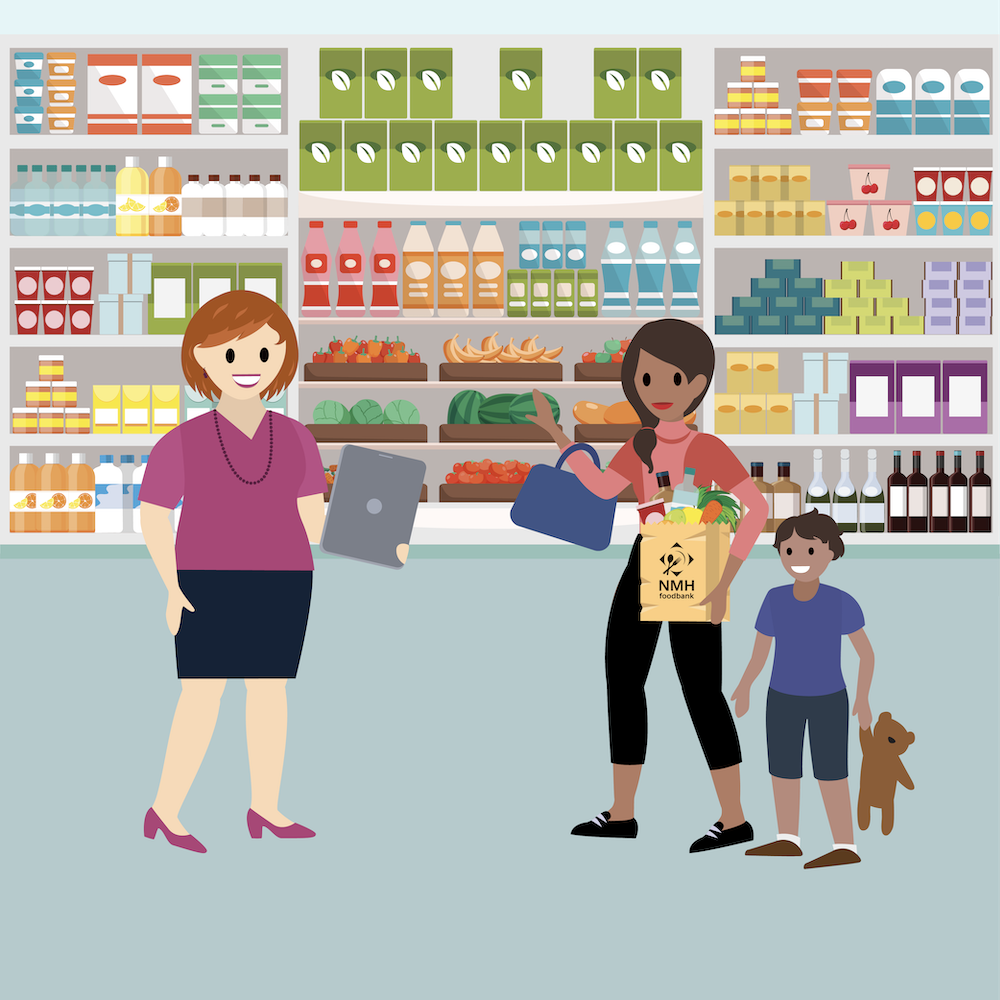 L’une des directrices des programmes de No More Homelessness accueille des participants au programme de banque alimentaire de l’organisation sans but lucratif.