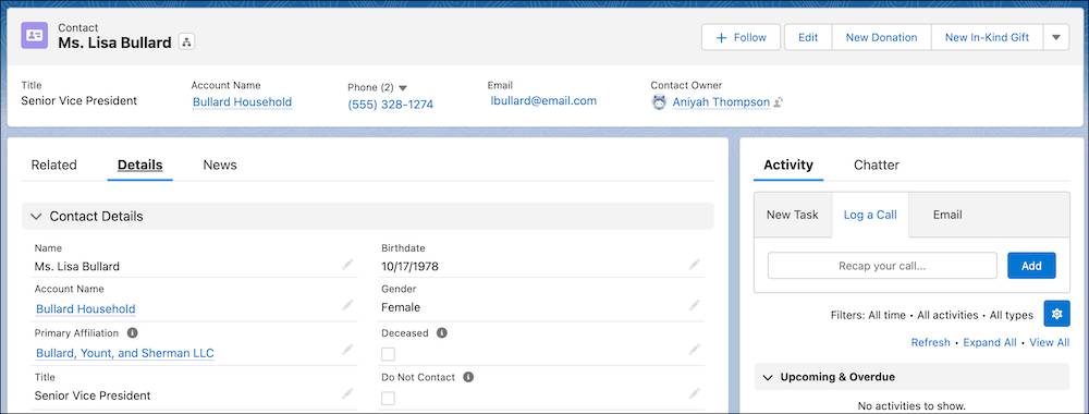 Enregistrement de contact de Lisa Bullard