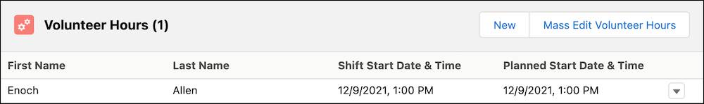 The Volunteer Hours related list with the record