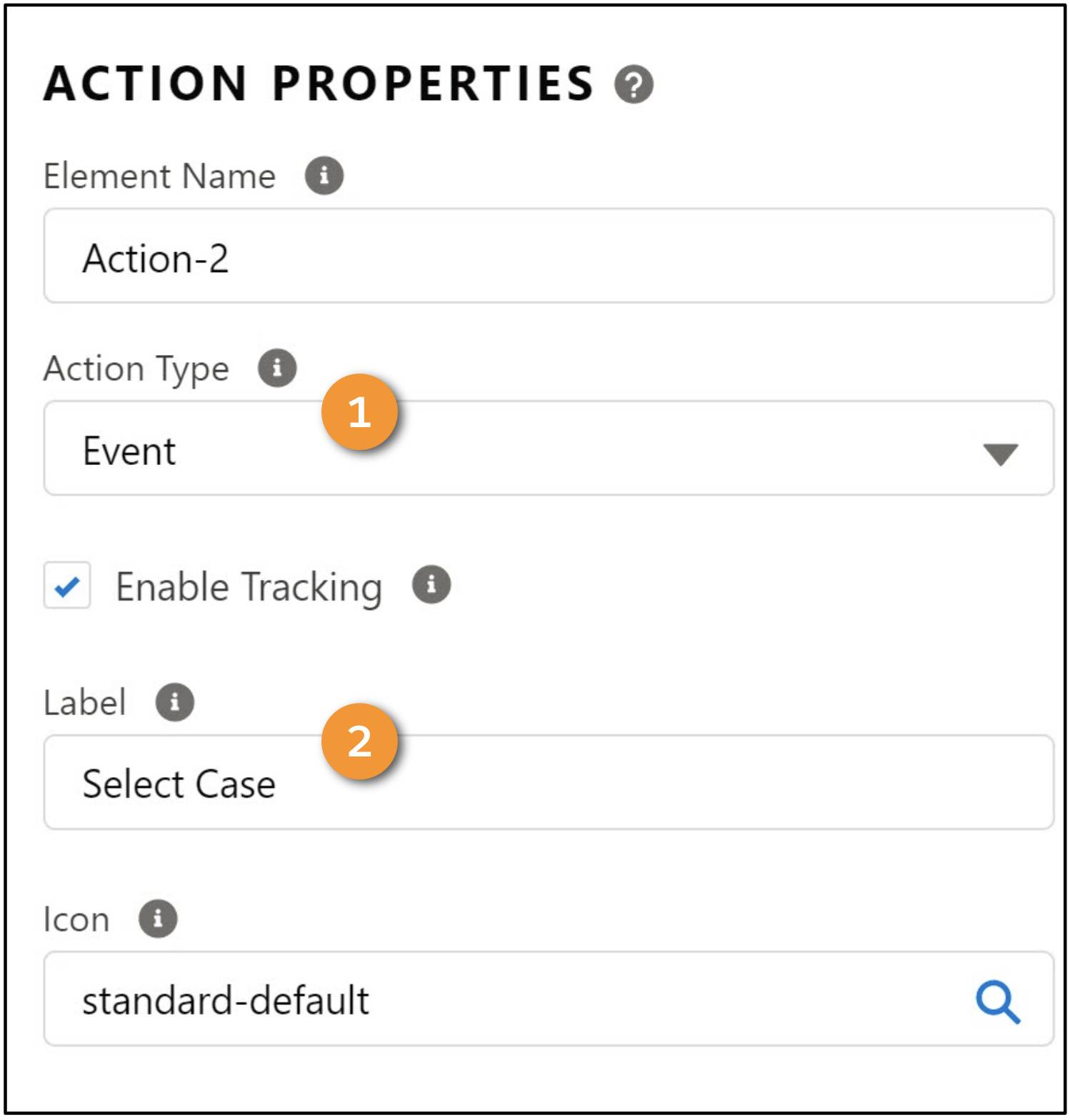 Select Case (ケースを選択) アクションのプロパティには [Action Type (アクション種別)] や [Label (表示ラベル)] などがあります。