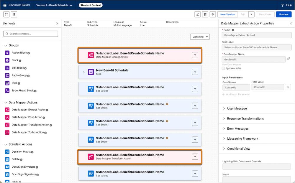 Two Data Mapper actions highlighted in Omniscript Builder.