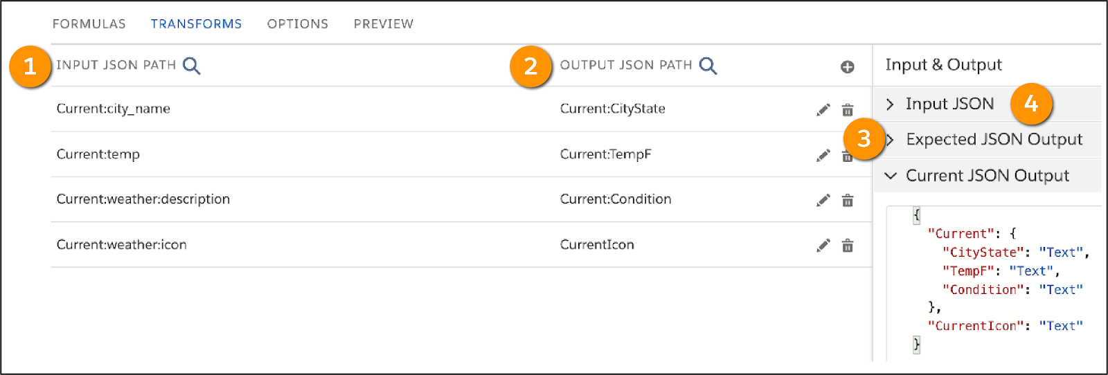 Transforms tab in a Data Mapper Transform.