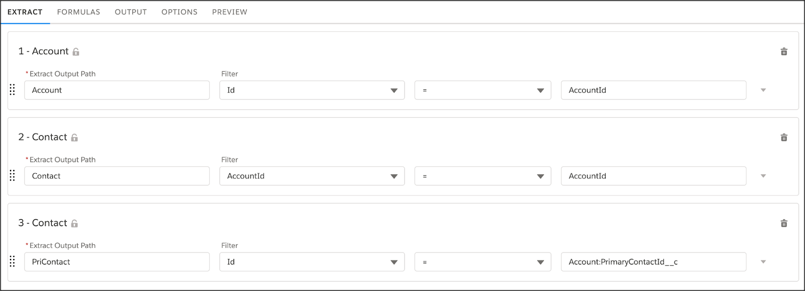 The Extract tab shows one Extract Output Path for Account and two for Contact