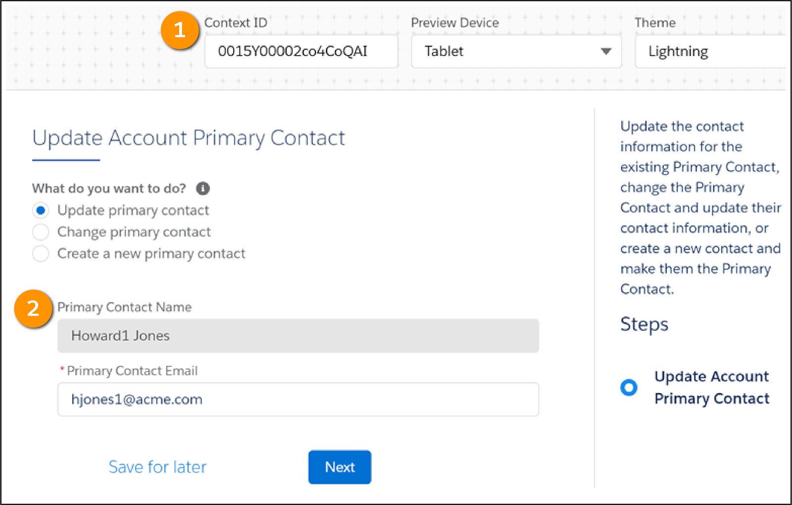 An Omniscript’s Preview tab displays a Primary Contact