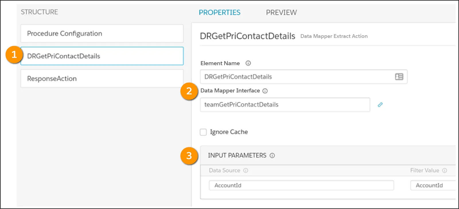 Data Mapper Extract Action の [Properties (プロパティ)] に Data Mapper の名前が表示され、[Input Paramaters (入力パラメーター)] に AccountId が指定されている。