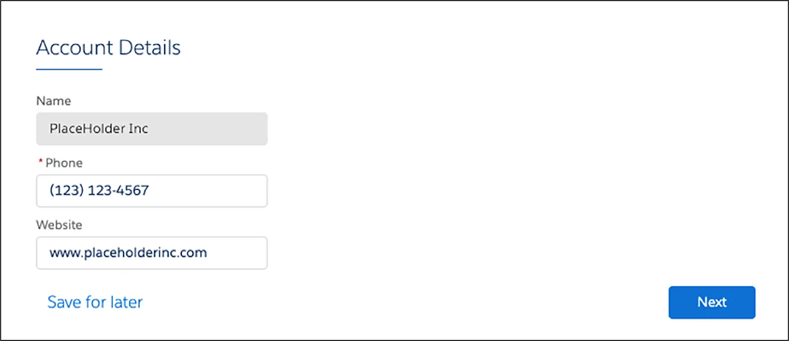 Edit Account Omniscript with Name, Phone, and Website fields