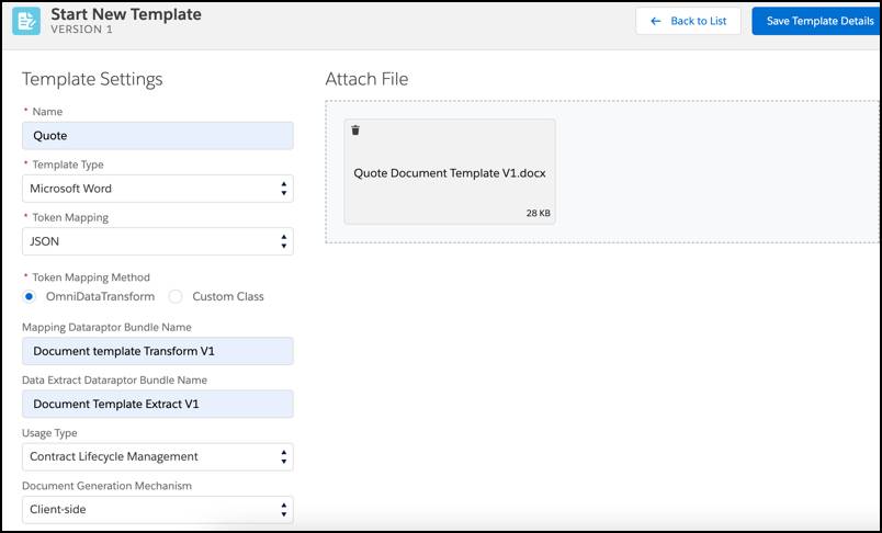 [Template Settings (テンプレート設定)] セクションと [Attach File (ファイル添付)] セクションが表示されている Document Template Designer の [Start New Template (新規テンプレートを開始)] 画面。