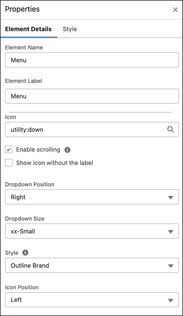 The Properties panel with the Element Details tab selected.