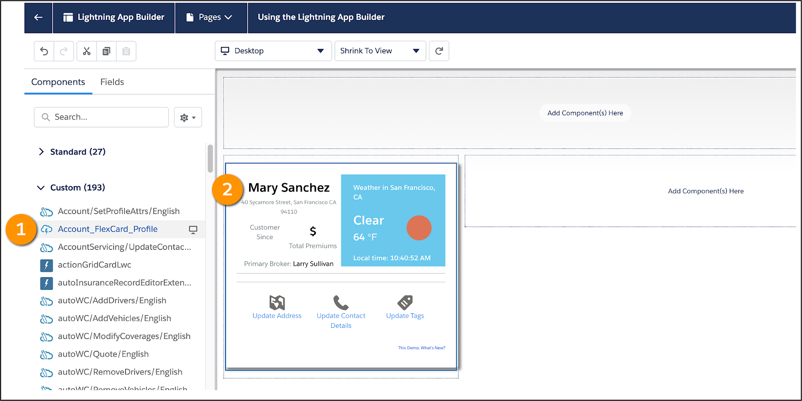 A Flexcard Lightning web component is added to the Lightning App Builder canvas.