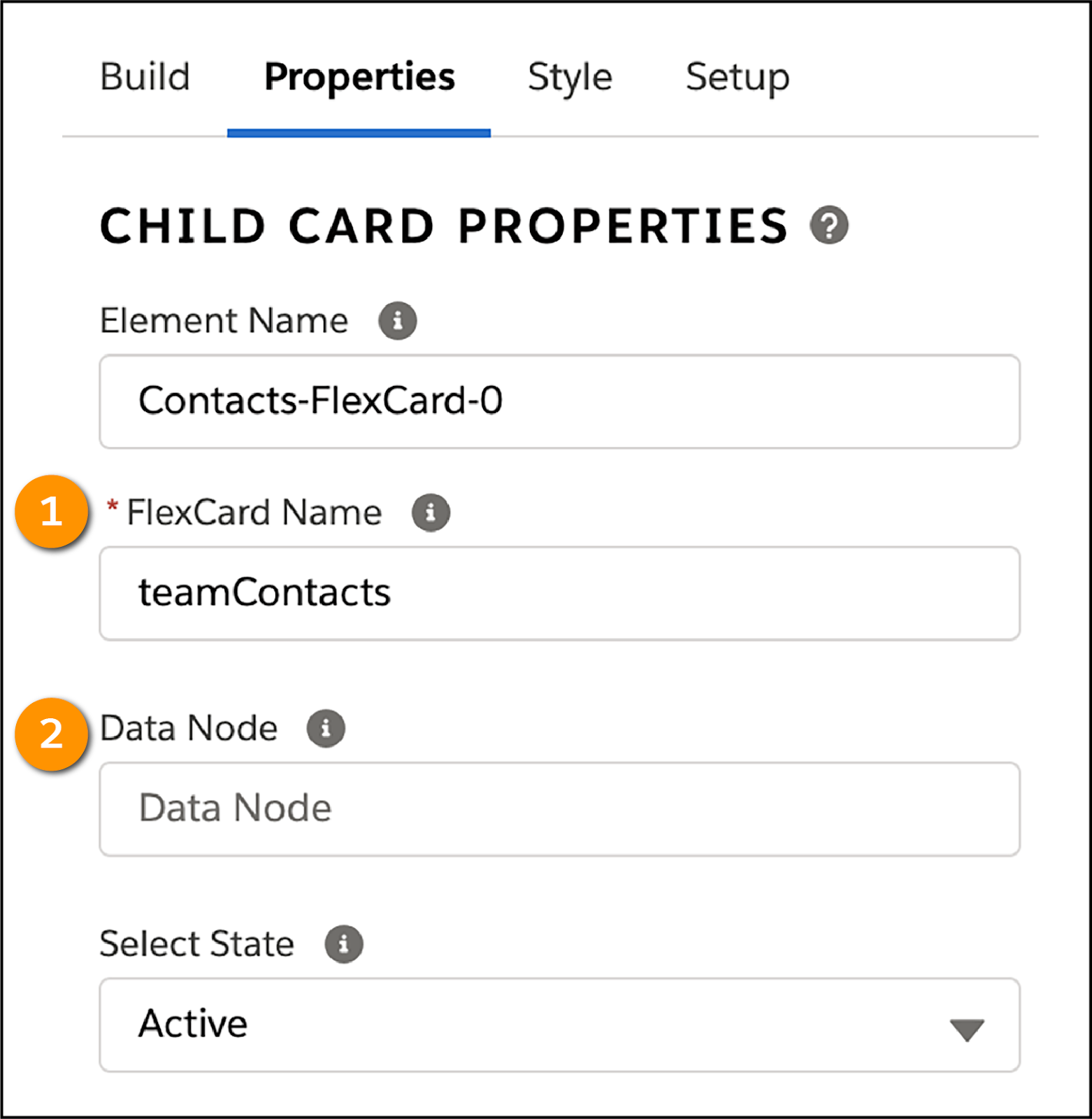Child Flexcard element Properties panel.