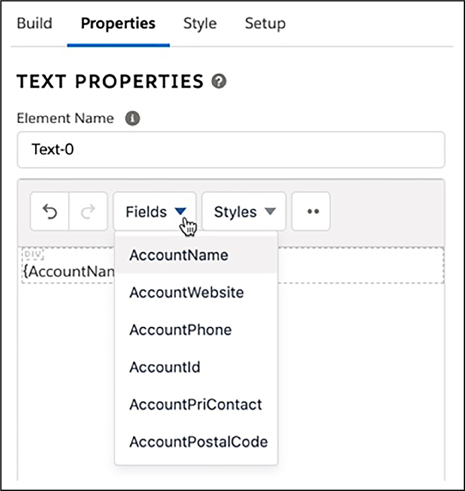 [TEXT PROPERTIES (テキストプロパティ)] 内の [Fields (項目)] メニュー。