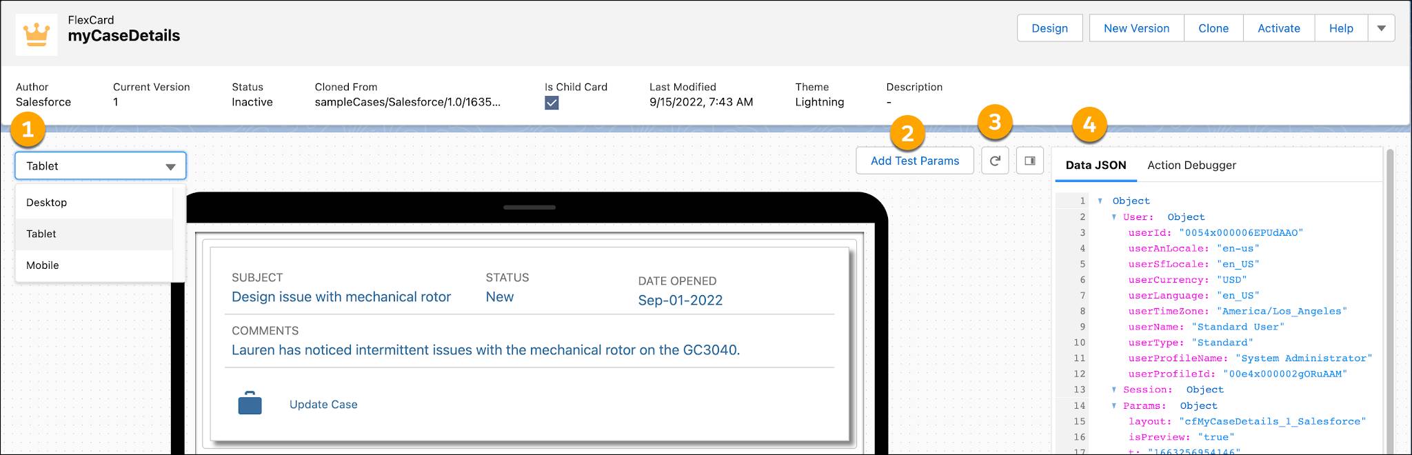 Flexcard Designer viewport dropdown menu, Add Test Parameters link, Refresh button, and Data JSON section.