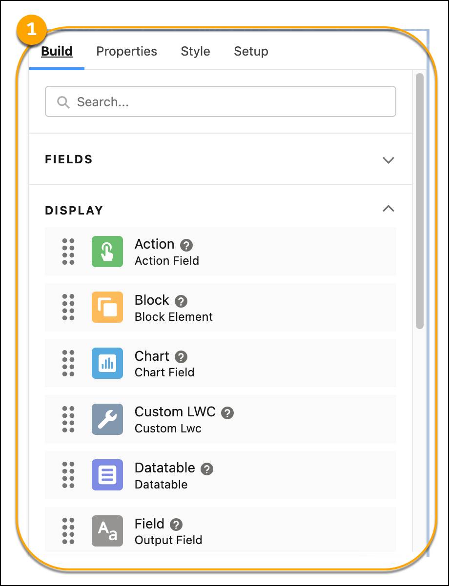 Flexcard Designer の [Build (作成)] パネル。